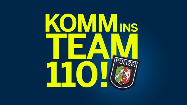 Das Landeswappen der Polizei NRW neben dem Slogan: Komm ins Team 110!